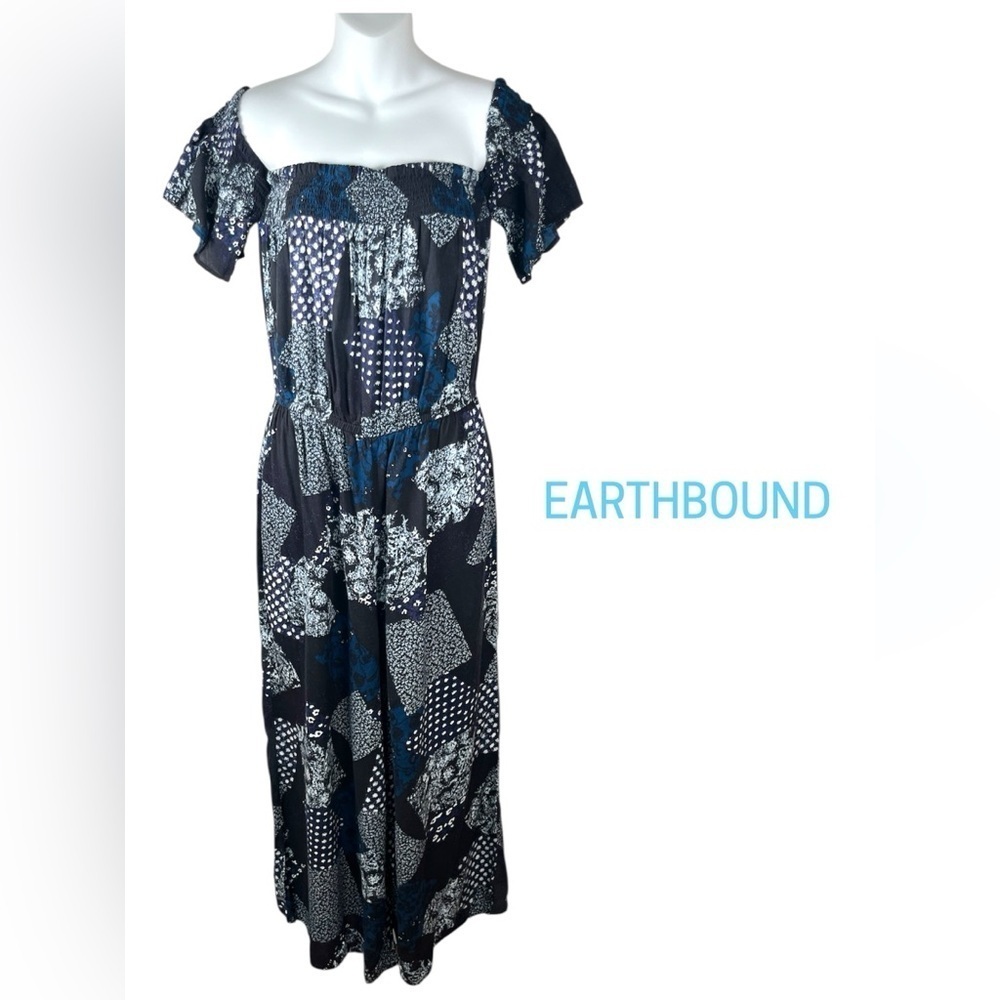 Earthbound Trading Co. | Navy Patchwork Off the Shoulder Jumpsuit